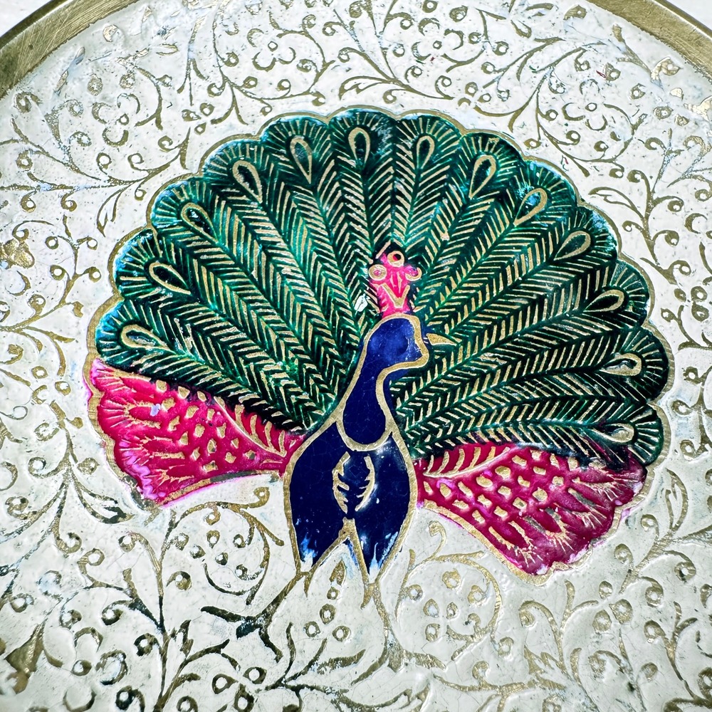 Vintage Indian Brass‎ Peacock Enamel Trinket Dish 4" Gold Filigree Boho Decor - Picture 5 of 6